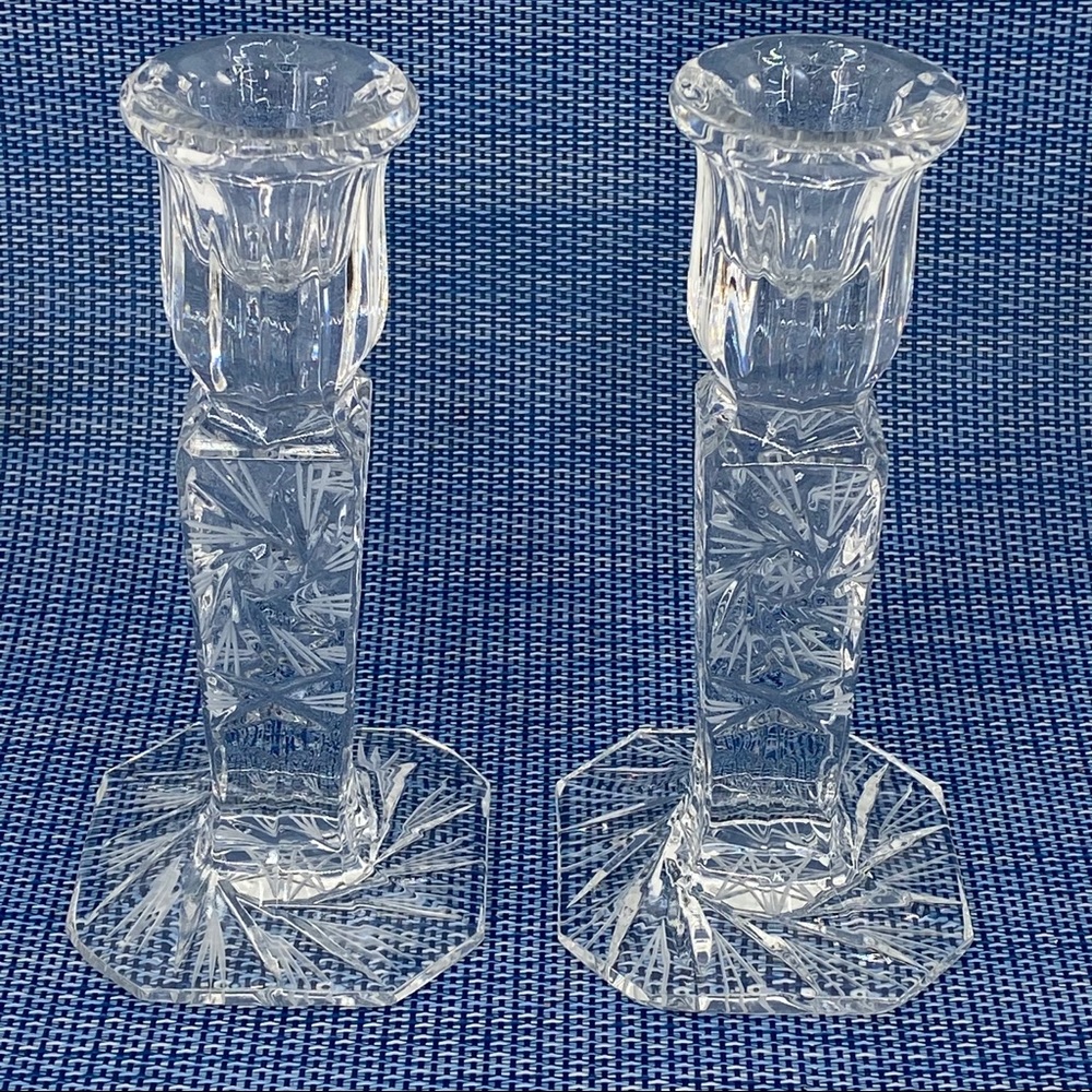 Vintage Glass Candle Holders Star Burst 6" inch Tall Romantic Sparkle